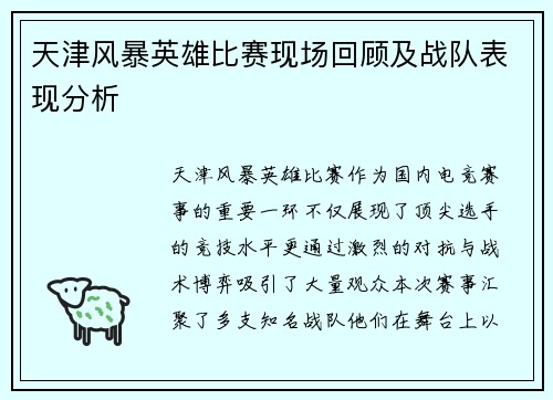 天津风暴英雄比赛现场回顾及战队表现分析