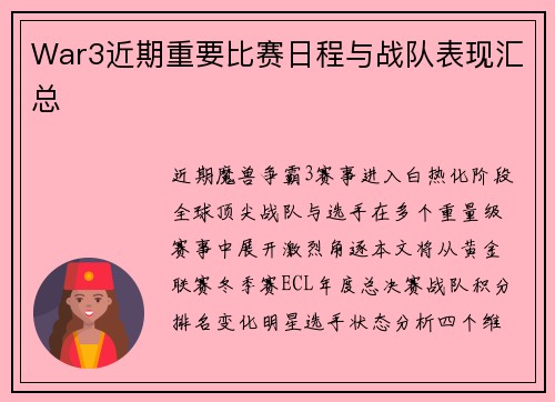 War3近期重要比赛日程与战队表现汇总