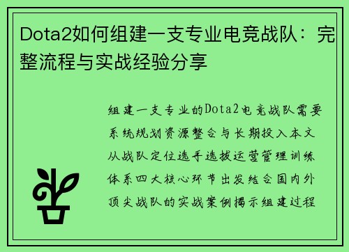 Dota2如何组建一支专业电竞战队：完整流程与实战经验分享